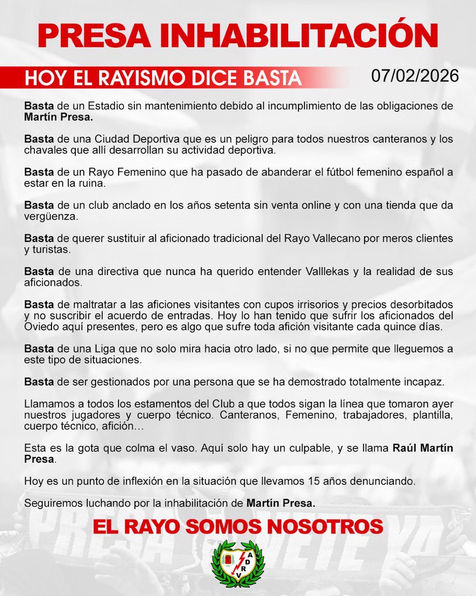 Este club y esta afición no merecen esta gestión.

El Rayismo ha dicho BASTA.

¡PRESA INHABILITACIÓN!
