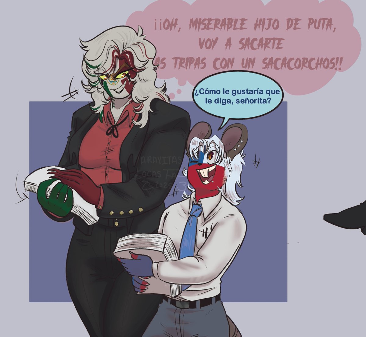 Otro dibujo que se hizo en el team de rol AJAJAJ, era cambio de género por un día. Y le aguaron los planes a Norte porque Chile lo encontró y lo puso a chambear en la D.E.A JAJAJA. El diseño de Chile es de mi polola sisi.

#CountryHumans #countryhumansmexico #countryhumanschile