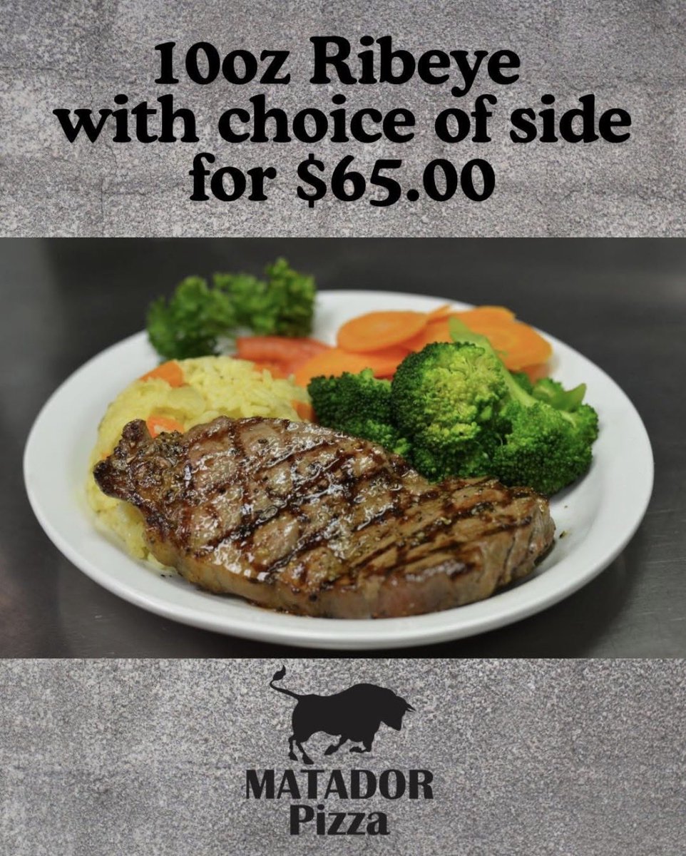SPECIAL 🚨 !!!! Join us Saturday and Sunday evening for our special order 10oz Ribeye with your choice of side and starter! A mouthwatering, cooked to perfection feast that is sure to satisfy for only $65

#worldsbestpizza #matador #yyceats #yyc#ribeye