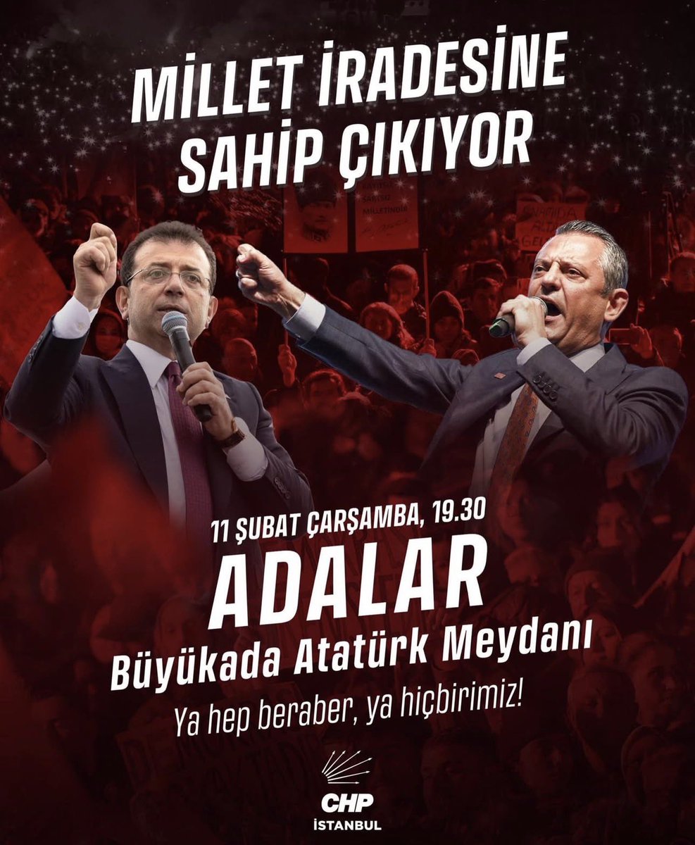 Milletin iradesini yok sayanlara karşı,
halkın gücünü göstermek için
11 Şubat 2026’da Adalar’da buluşuyoruz.
Susmuyoruz, vazgeçmiyoruz, boyun eğmiyoruz!