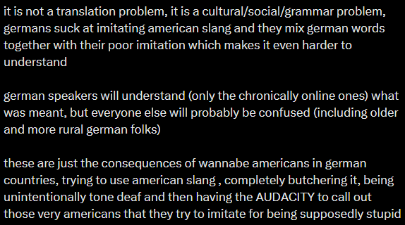 ZiinyaP's tweet photo. @NAAAYIL Anglizismen zu verwenden ist keine neumodische Sache, nur um das schonmal vorweg zu nehmen. Wir mischen schon seit Jahrzehnten englische Worte mit unseren Sätzen, auch wenn es manchmal nicht so *nice* klingt.

Wirklich JEDER würde verstehen was gemeint ist, VORALLEM offline. https://t.co/HQJvi817n2