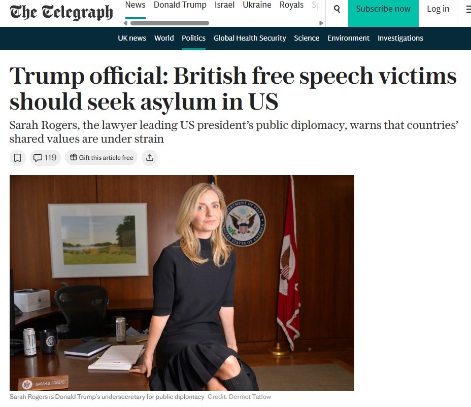 The Trump administration is suggesting that British citizens, who are persecuted for their free speech in the UK, can seek asylum in the USA.

“Anyone persecuted by their government for peacefully expressing their views, including British citizens, may present themselves at a US