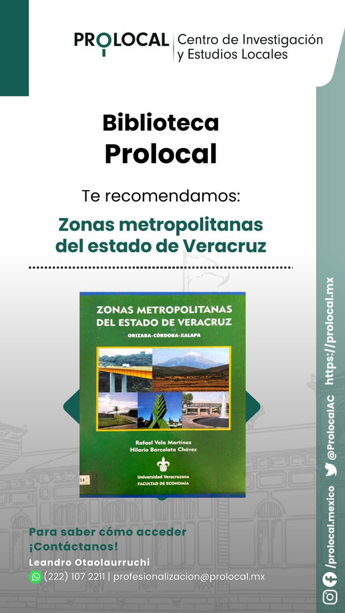 🏙️ Planeación y coordinación intermunicipal son clave en el desarrollo metropolitano.

El libro “Zonas metropolitanas del estado de Veracruz” analiza la conformación, dinámica y retos de estos espacios para fortalecer la gestión urbana.

📘 En la Biblioteca #PROLOCAL.
