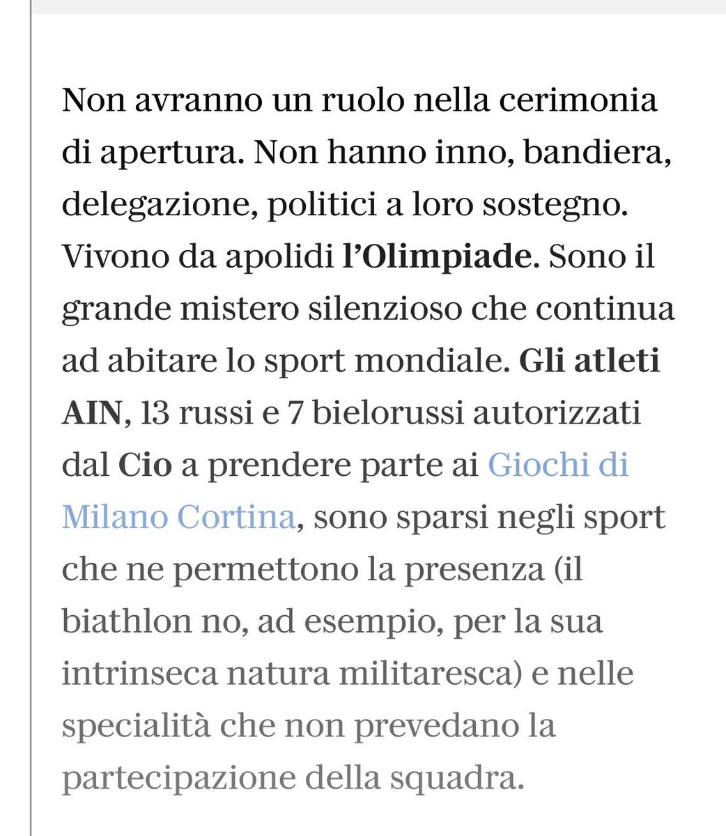 leri sera c'è stata la cerimonia di apertura delle olimpiadi invernali. Tutti gli atleti hanno sfilato con le bandiere dei propri Paesi. Tranne i pochi atleti russi e bielorussi, ammessi solo in quanto "neutrali", cioè dopo verifica che non fossero "filoPutin".
Potranno