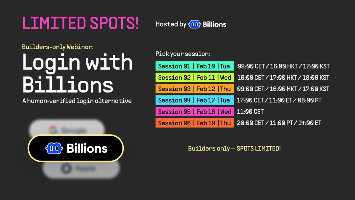 Back by popular demand — SPOTS LIMITED:

🔑 "Login with Billions" builders webinar

Live demo:
🤝 Human-verified DID login
✅ Privacy-first vs Google/Apple login
✅ No passwords, no central ID
✅ No personal data (PII) stored on your backend

Register now: forms.gle/uqHNBuPr9uR2Cm…