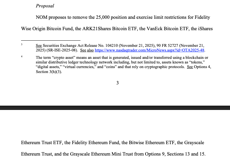 dgt10011's tweet photo. some misinformation that is going around that i wanted to address quickly-

there's been a rumor that Nasdaq has removed the option position limit for IBIT and therefore gives wall street unlimited leverage, and that the timing of this change is suspect because it was in january, right before these options led activities

this is false 

"removing restrictions on criterion of crypto assets" does not equate to "no restrictions" - it simply is undoing the damage of their prior administration that penalized crypto with non-standard limits 

the link that is being posted to share this rumor is this: https://t.co/fVrWaqbliy

if you look at the filing carefully, what the order is asking for is the removal of the 25k limit for FBTC, ARKB, HODL and the Ethereum ETFs. I screenshotted the relevant section below. the reason IBIT is not included is because as those who are keeping track of these would already know, that IBIT (and BITB too!) enjoys the standard position limit of 250k the maximum allowed under rules set in Option 9, section 13/15- i covered this in my prior tweets. what this does filing does is it streamlines all other Bitcoin ETF issuers to essentially have the same OI limit - ie level the playing field! as it says so: "proposed rule change is consistent with... requirement that rules of an exchange not be designed to permit unfair discrimination between customers, issuers, brokers, or dealers"

furthermore, and this is more important and substantial- there was a filing in November last year for IBIT to increase the limit from 250k to 1mm! You can see that here: https://t.co/jqZQBAktPz

this has not been granted yet, but this is the one to watch

one more thing - i see X citizens asking LLM agents to confirm whether something is true or not, and I see Grok in particular firing off incorrect statements. as ive said before and will always continue to advocate for, exhibiting a will to live life with high agency to DYOR is a wonderful trait to nourish. if something seems a little sus, its always worth checking it out for yourself (things i say included!). for example, you can check this yourself by going on the OCC database and see: IBIT still has the 250k limit, as do the rest