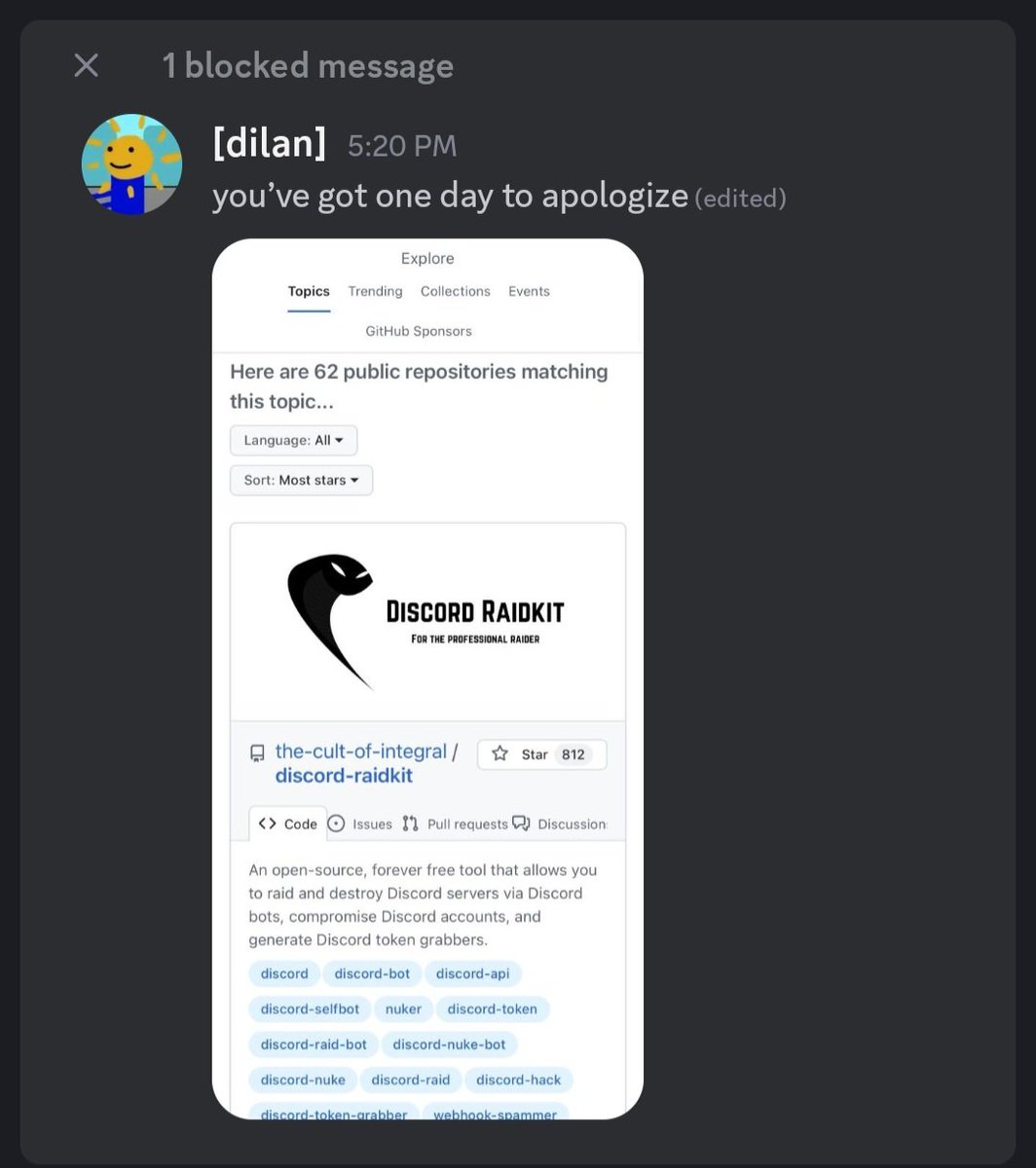 this is @/DilanIsBack trying to raid my server because he got comfronted for being a huge asshole btw