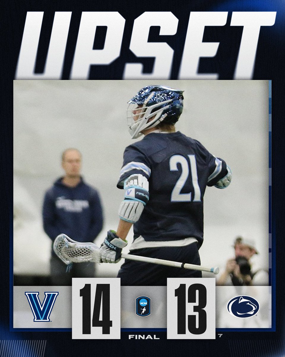 NCAALAX's tweet photo. VILLANOVA TAKES DOWN NO. 7 ‼️

@NovaLacrosse upsets No. 7 Penn State, 14-13.

#NCAAMLAX https://t.co/IJNPRpD8gk