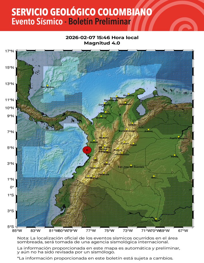 DavidRiobamba's tweet photo. #SismosColombiaSGC Evento Sísmico - Boletín Preliminar, 2026-02-07, 15:46 hora local Magnitud 4.0, Profundidad 111 km, Bolívar - Valle del Cauca, Colombia ¿Sintió este sismo? repórtelo https://t.co/ihpuYZsZgl https://t.co/JpyFJChFdf #Temblor #Sismo https://t.co/i6meoxkuTr