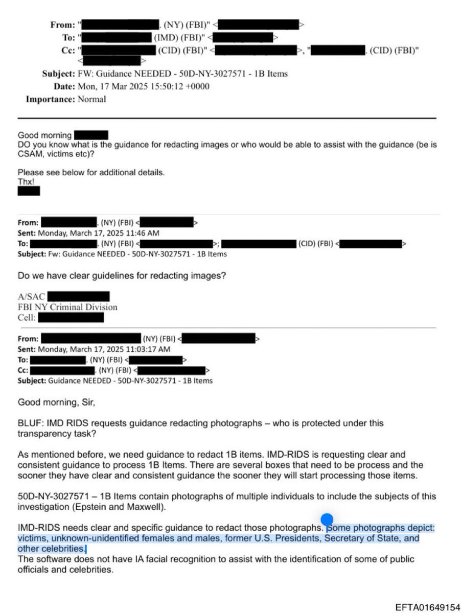 RpsAgainstTrump's tweet image. A March 2025 internal email from the Epstein files shows Kash Patel’s FBI discussing “clear and specific guidance” to redact pictures involving “victims, unknown-unidentified females and males, former U.S. Presidents, Secretary of State, and other celebrities.”