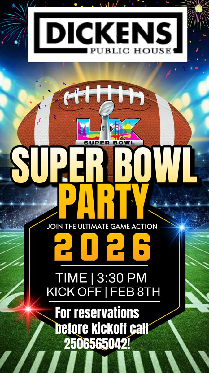 Join the ultimate game action on Feb 8th at 3:30 PM. Reserve your spot now by calling 2506565042. Don't miss out! #SuperBowl2026 #GameDay #PartyTime