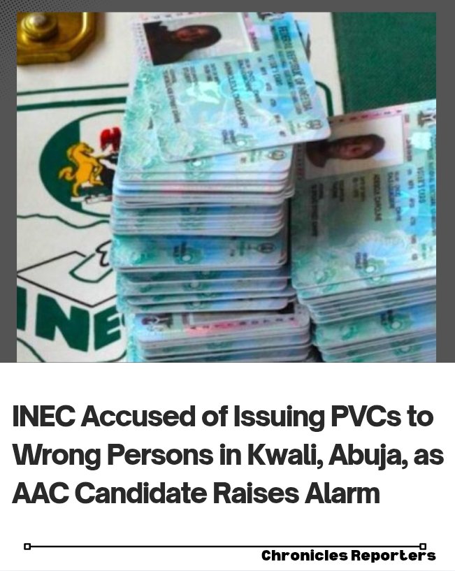 INEC Accused of Issuing PVCs to Wrong Persons in Kwali, Abuja, as AAC Candidate Raises Alarm

#NigeriaNews
#HumanRights
#PoliticsNigeria
#Abuja
#BreakingNews 

For full story check the link below 👇

chroniclereporters.com/2026/02/inec-a…