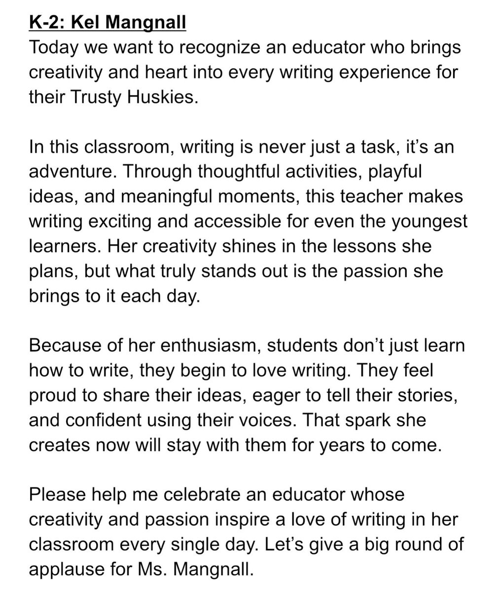 A_MinearAHL's tweet photo. One of my favorite things we starting doing this year at our Husky of the Month assemblies is recognizing a #CPSbest staff member for our #AHL_AVID focus. This month we celebrated Ms. Mangnall and Ms. Staton for being incredible writers and inspiring a love of writing in their classrooms— a new highlight of my career to do something this special for our hard working #TrustyHuskies!