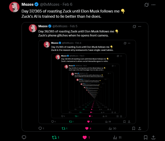 0xMozes's tweet photo. Day 38/365 of roasting Zuck until Elon Musk follows me 👇
If Zuck’s face had a dating profile, it'd be '404 personality not found'. https://t.co/kwMT3Qojzj