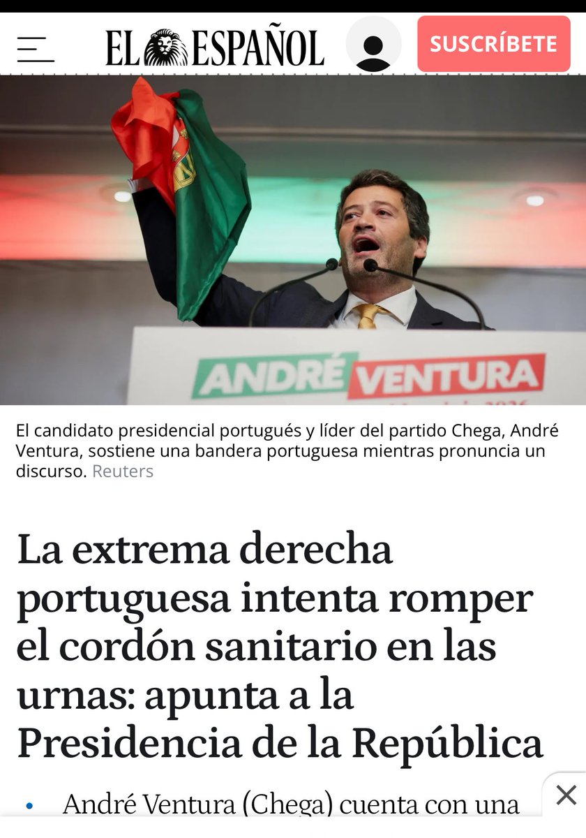 Curioso titular. 
La extrema derecha no tiene mañana ninguna posibilidad de ganar las elecciones presidenciales portuguesas entre otras razones porque las principales personalidades del centro derecha han pedido el voto para el candidato socialista. 
Ellos no están en el 36.