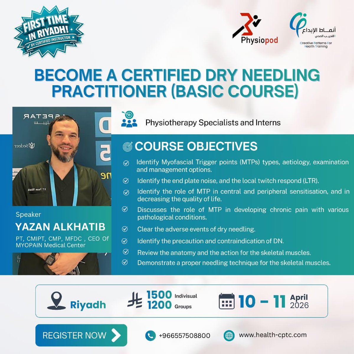 Our popular "Dry Needling course" in Saudi Arabia soon
10-11 April 2026
Book your place NOW
Instructor Mr Yazan Alkhatib