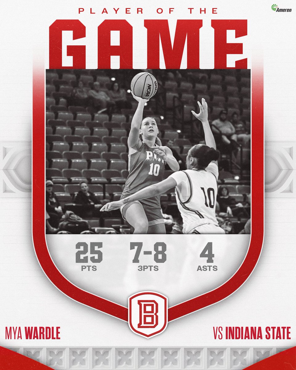 BradleyWBB's tweet photo. Mya Wardle is the @AmerenIllinois Player of the Game after scoring her career-high against Indiana State! https://t.co/C0mP0qg441