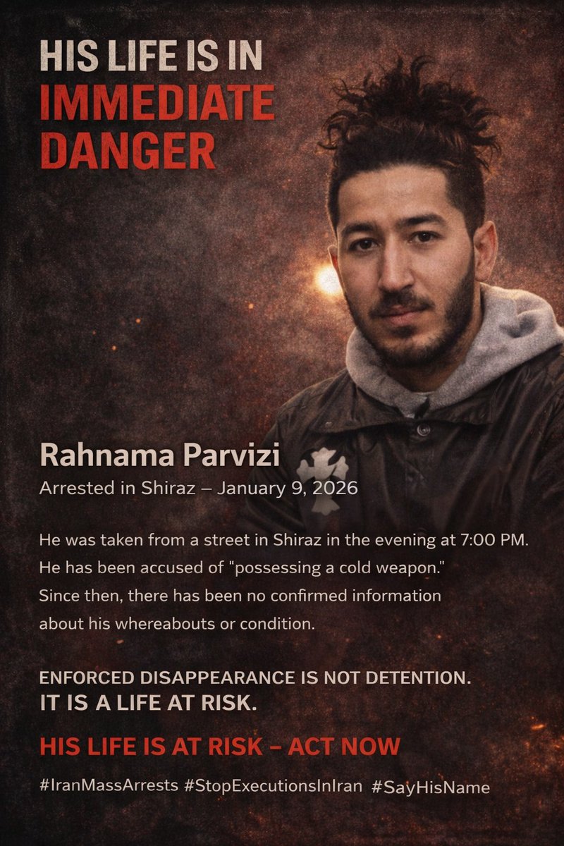 رهنما پدر و مادر ندارد.
هیچ‌کس نیست که پشت در زندان انتظارش را بکشد.
هیچ مادری نیست که نام فرزندش را فریاد بزند.
#رهنما_پرویزی
رهنما پرویزی، ۲۵ ساله، اهل شیراز، روز ۱۹ دی حوالی ساعت ۷ عصر در خیابان زند بازداشت شده است.
اتهام سنگین «حمل سلاح سرد» به او نسبت داده‌اند.
از زمان