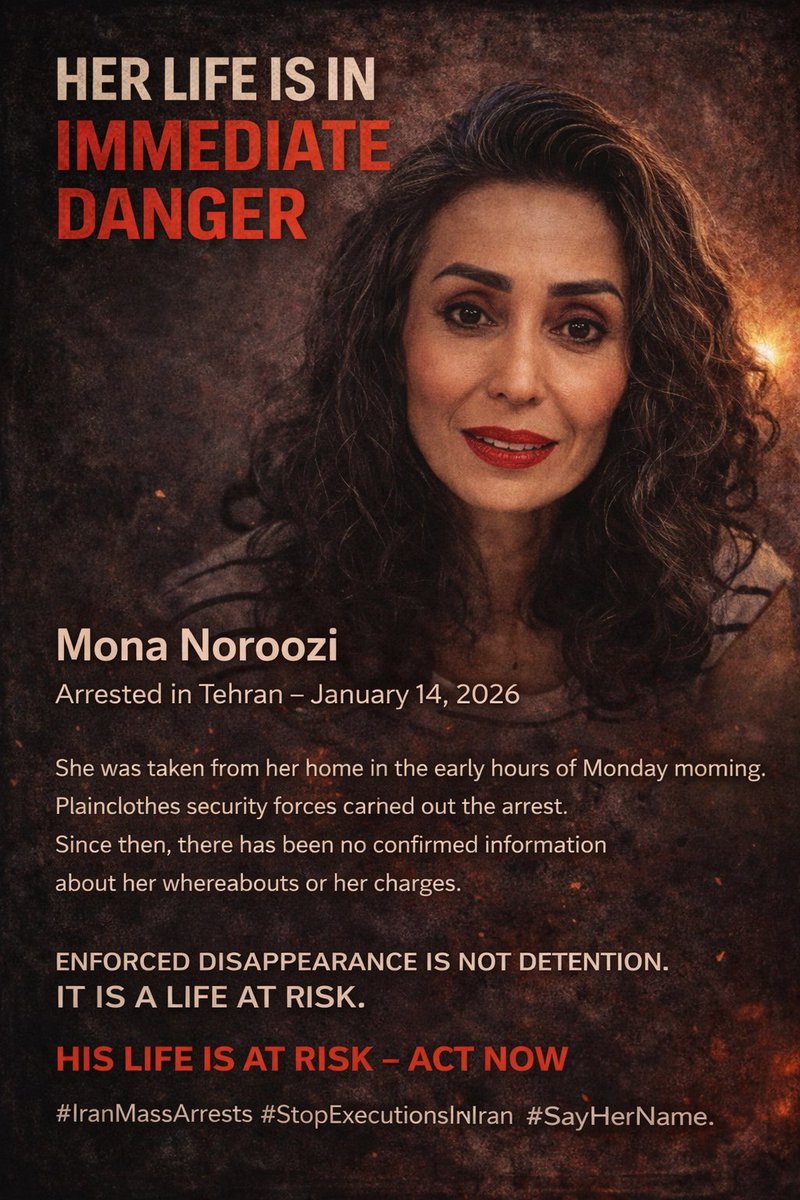 مونا را بامداد بردند.
در سکوتِ خانه‌اش.
بی‌هیچ توضیحی.
#مونا_نوروزی
مونا نوروزی، ۴۵ ساله، فیزیوتراپیست، بامداد دوشنبه ۲۹ دی در منزل شخصی‌اش در تهران بازداشت شده است.
بازداشت توسط نیروهای لباس‌شخصی صورت گرفته که خود را «امنیتی» معرفی کرده‌اند.
از زمان بازداشت تاکنون، هیچ اطلاع