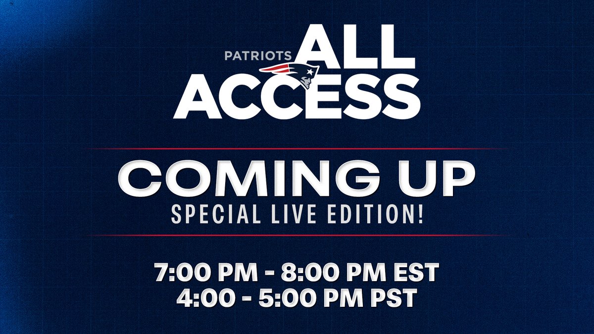 PATRIOTSdotCOM's tweet photo. LIVE: Patriots All Access

Watch a special #SBLIX live edition of Patriots All Access with exclusive sit downs with Mike Vrabel and Drake Maye. Plus a wide variety of special guests.  https://t.co/O0MBWa2Uak https://t.co/KGUcr0i3jH