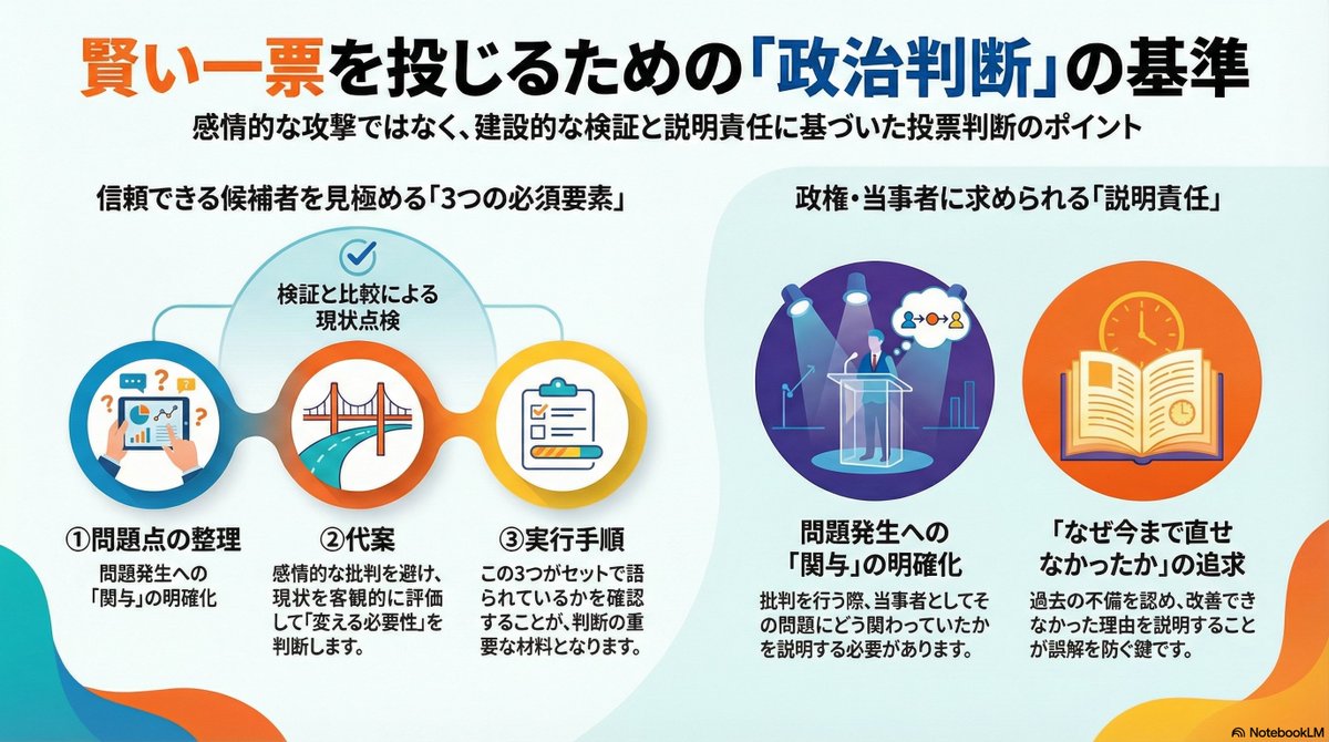 人格攻撃や見下しは要らない。

でも投票日は「現状を点検して、必要なら変える」ための日。検証や比較まで避けると、判断材料が減ってしまう。

私は、①問題点の整理 ②代案 ③実行手順をセットで語る人に入れたい。