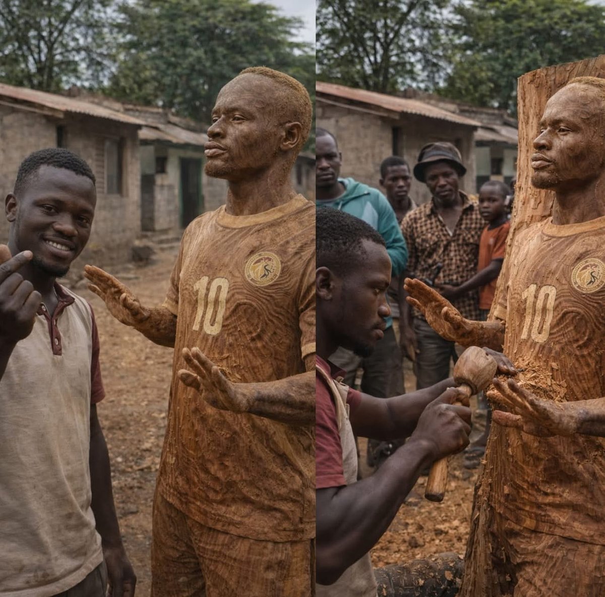 This is the face of the talented Senegalese man who carved a wooden sculpture of Sadio Mané, the moment Mané was telling his teammates to calm down and return to the field during the AFCON game.
His name is Sule Abdullahi. He is a honest, talented but struggling artist. I pray