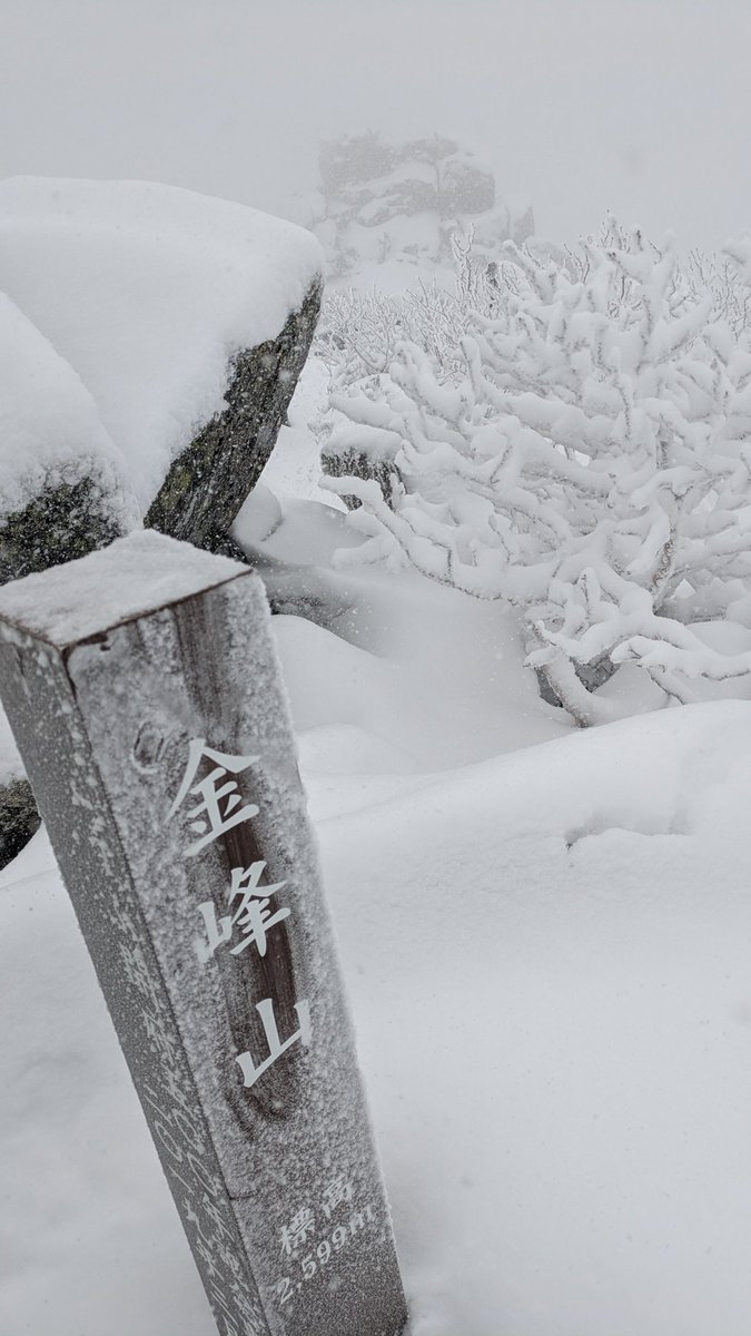 一晩で大分積もった。頂上へは膝ラッセルだけどフワフワの雪は軽くて