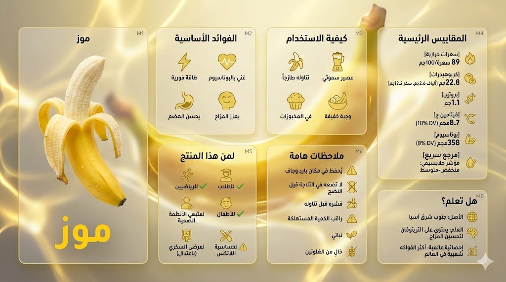 ksa8Turky's tweet photo. كيف تسويها بطريقة بسيطه 
1️⃣اضف البرومبت ✍🏻
2️⃣ غير مابين الاقواس الاول و الثاني فقط 

Input Variable: [موز]

Language: [ العربية]

System Instruction:

Create an image of premium liquid glass Bento grid product infographic with 8 modules (card 2 to 8 show text titles only).

1) Product Analysis:

→ Identify product's dominant natural color → "hero color"

→ Identify category: FOOD / MEDICINE / TECH

2) Color Palette (derived from hero):

→ Product + accents: full saturation hero color

→ Icons, borders: muted hero (30-40% saturation, never black)

3) Visual Style:

→ Hero product: real photography (authentic, premium), 3D Glass version [choose one]

→ Cards: Apple liquid glass (85-90% transparent) with Whisper-thin borders and Subtle drop shadow for floating depth and reflecting the background color

→ Background stays behind cards and high blur where cards are [choose one]:

- Ethereal: product essence, light caustics, abstract glow

- Macro: product texture close-up, heavily blurred

- Pattern: product repeated softly at 10-15% opacity

- Context: relevant environment, blurred + desaturated

→ Add subtle motion effect

→ Asymmetric Bento grid, 16:9 landscape

→ Hero card: 28-30% | Info modules: 70-72%
4) Module Content (8 Cards):

M1 — Hero: Product displayed as real photo / 3D glass / stylized interpretation (choose one)in beautiful form + product name label

M2 — Core Benefits: 4 unique benefits + hero-color icons

M3 — How to Use: 4 usage methods + icons

M4 — Key Metrics: 5 EXACT data points

Format: [icon] [Label] [Bold Value] [Unit]

FOOD: Calories: [X] kcal/100g, Carbs: [X]g (fiber [X]g, sugar [X]g), Protein: [X]g, [Key Vitamin]: [X]mg ([X]% DV), [Key Mineral]: [X]mg ([X]% DV)

MEDICINE:Active: [name], Strength: [X] mg, Onset: [X] min, Duration: [X] hrs, Half-life: [X] hrs

TECH:Chip: [model], Battery: [X] hrs, Weight: [X]g,[Key spec]: [value], Connectivity: [protocols]

M5 — Who It's For: 4 recommended groups with green checkmark icons | 3 caution groups with amber warning icons

M6 — Important Notes: 4 precautions + warning icons
M7 — Quick Reference:

→ FOOD: Glycemic Index + dietary tags with icons

→ MEDICINE: Side effects + severity with icons

→ TECH: Compatibility + certifications with icons

M8 — Did You Know: 3 facts (origin, science, global stat) + icons

Output: 1 image, 16:9 landscape, ultra-premium liquid glass infographic.