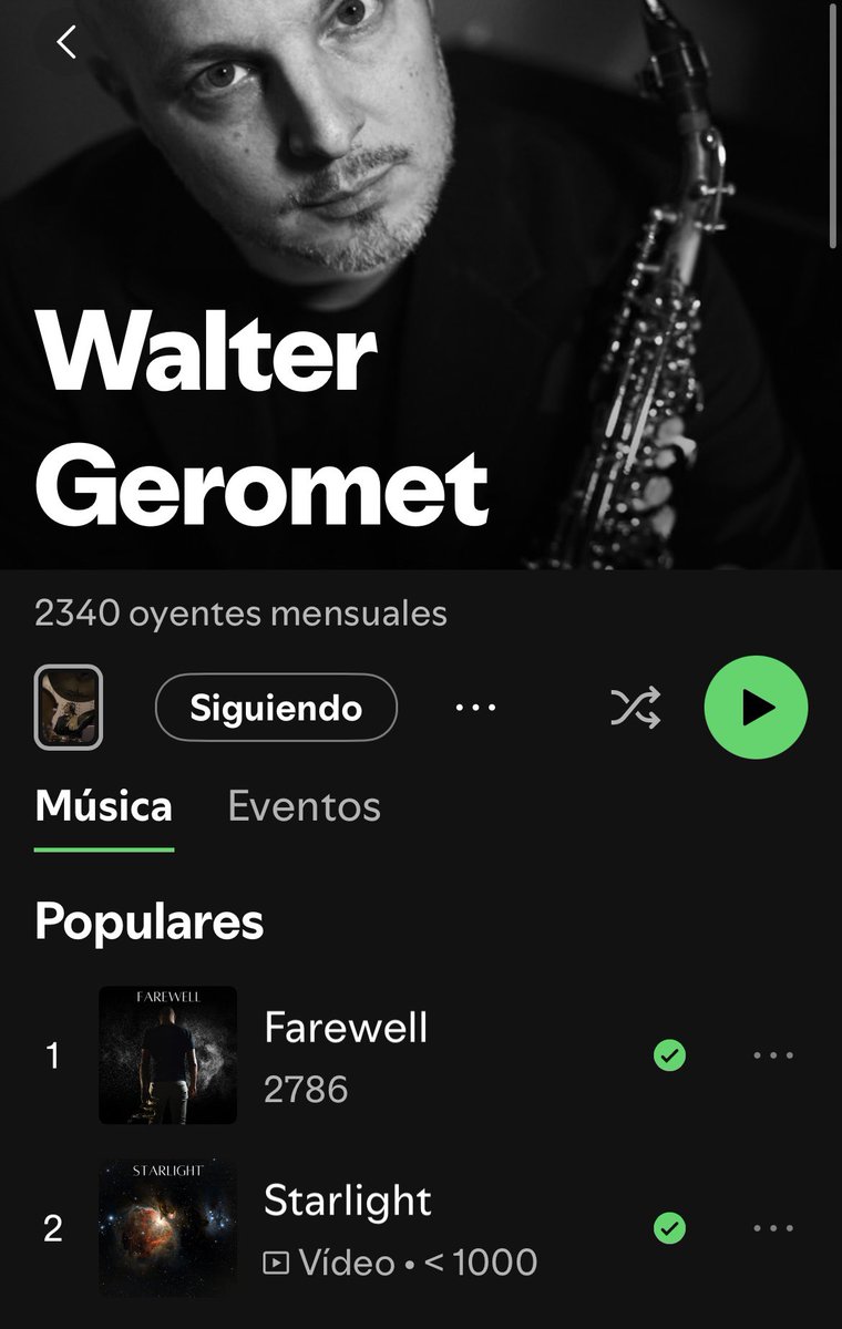 Walter_Sax's tweet photo. Es maravilloso ver que día a día van subiendo las escuchas en mi perfil de @Spotify 😃🎶
¡Gracias a cada nuevo seguidor y a cada oyente! 🙏
Si quieres acompañarme en esta aventura musical, aquí está mi último EP ✨ Starlight 👉 https://t.co/TDxtyBYSvu

#jazz #ambien #cimematic https://t.co/ZQ6plpo40r