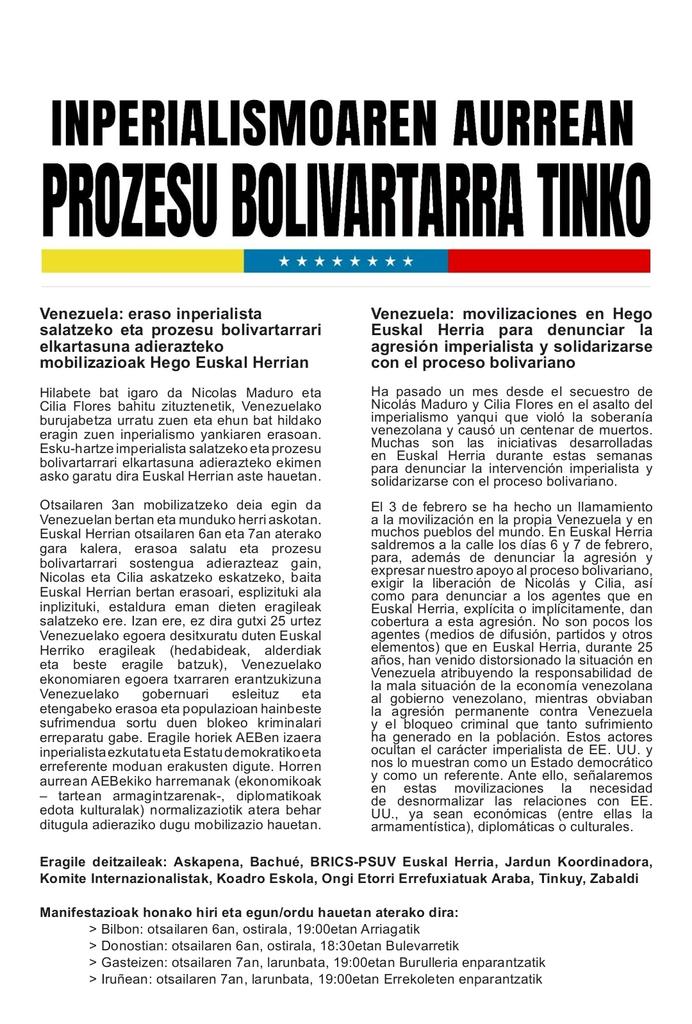 Atzo eta gaur hego Euskal Herriko hiriburuetan atera gara prozesu bolivartarrari elkartasuna adieraztera!

#VenezuelaAurrera #Venezuela #EHInternazionalista