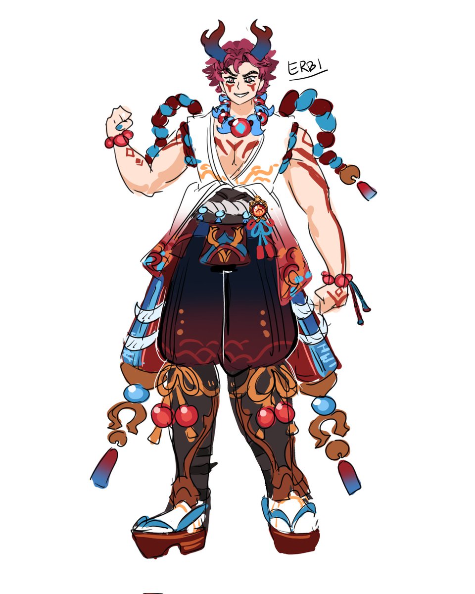 Erbiarts's tweet photo. Shimetsu full character design concept.

My concept is that hes both a blue and red oni, fully chaotic, embodying his name, Shimetsu, which means annihilation or destruction.

No. He doesn't know that I did any of this. https://t.co/fybxZGeF7u
