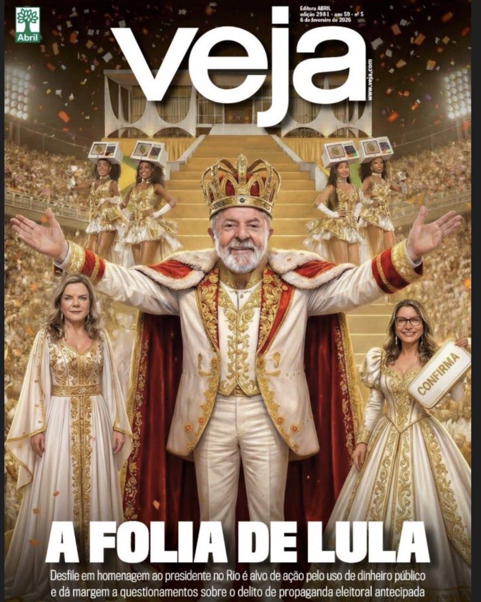BRMustBeFree's tweet image. Capa da revista Veja, datada de 6 de fevereiro de 2026. "A Folia de Lula".