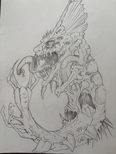 My art computer has been down so I have been doodling on paper some eldritch horror things like an elder sign and a spawn of Dagon. #sketch #drawing #eldritch #horror