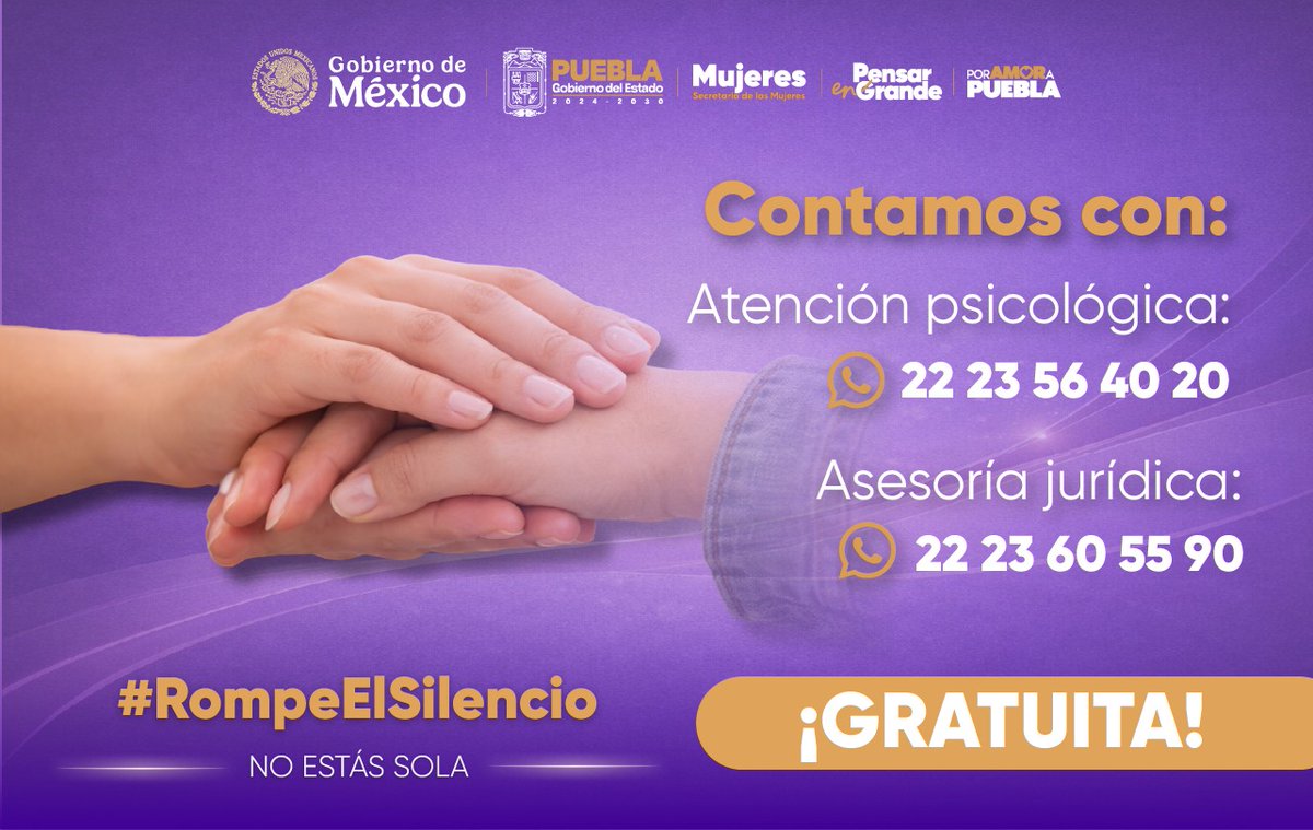 EnlaceNoticias1's tweet image. 😍#Nosotras te creemos...🗣️#Rompe el #Silencio, #NoEstásSola... La #Secretaría de la #Mujer está para 👥#Ayudarte... En casos de 😱#Emergencía, llama al ☎️#911TELMUJER. Línea Directa: 22 22 32 37 38, #Atención las ⏲️#24Horas. 🫶 #PorAmorAPuebla.