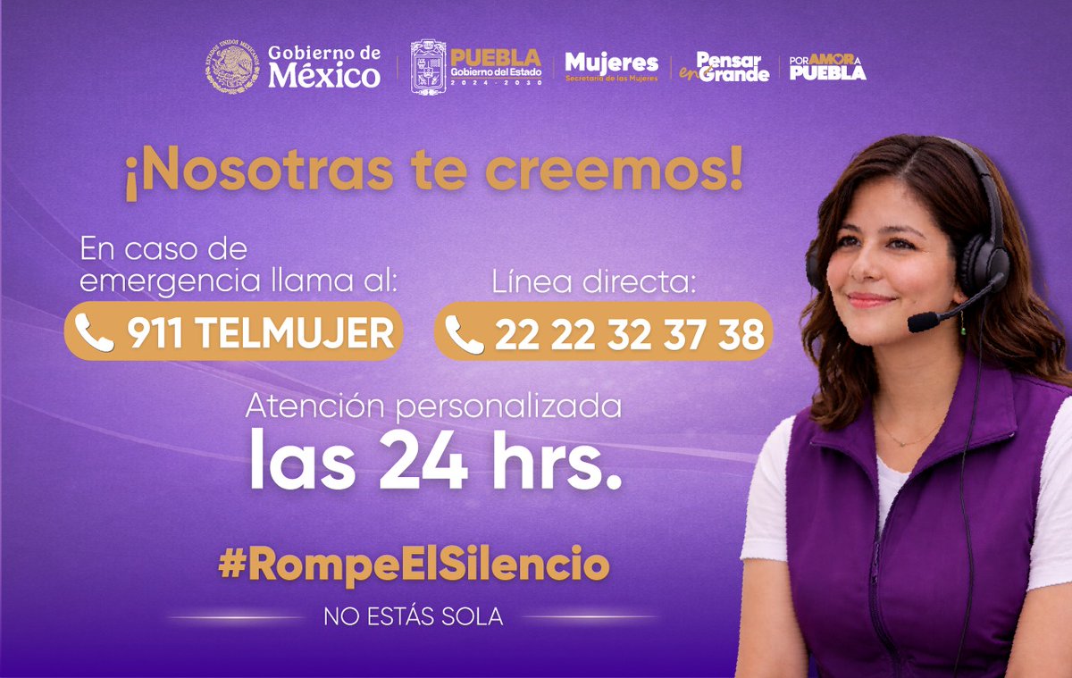 EnlaceNoticias1's tweet image. 😍#Nosotras te creemos...🗣️#Rompe el #Silencio, #NoEstásSola... La #Secretaría de la #Mujer está para 👥#Ayudarte... En casos de 😱#Emergencía, llama al ☎️#911TELMUJER. Línea Directa: 22 22 32 37 38, #Atención las ⏲️#24Horas. 🫶 #PorAmorAPuebla.