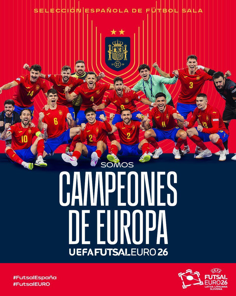 ¡Enhorabuena, campeones! 🏆🇪🇸

La Selección Española de Fútbol Sala vuelve a hacer historia y se proclama Campeona de Europa. Un triunfo que es orgullo de todo un país y ejemplo de esfuerzo, talento y trabajo en equipo.

Gracias por hacernos vibrar y llevar el nombre de España a