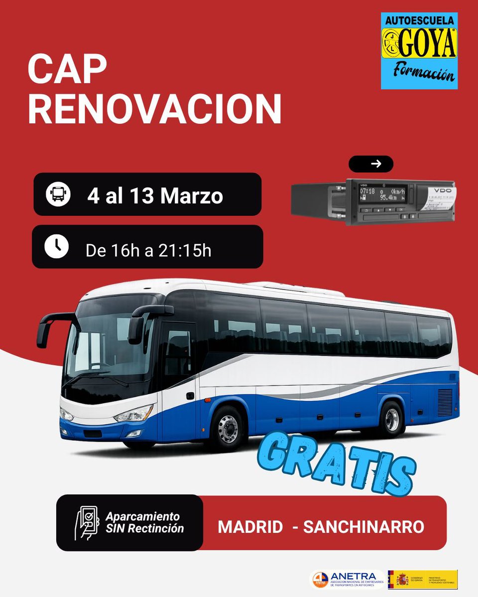 🎓 Curso CAP FC GRATUITO – ANETRA

📍 Sanchinarro (Madrid)
📅 Del 4 al 13 de marzo
🕓 Horario de tarde: de 16:00 a 21:15 h

👉 Formación obligatoria para conductores profesionales
👉 100% subvencionado
👉 Plazas limitadas

#CAP #bus #Sanchinarro #ConductoresProfesionales