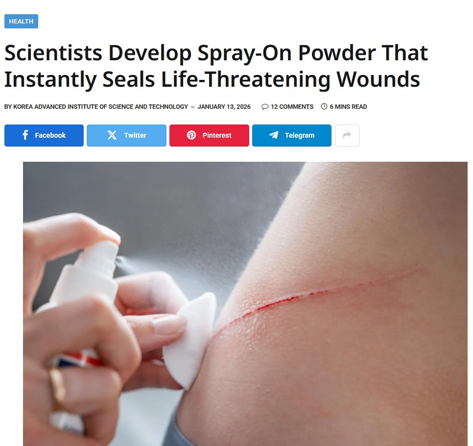 SOUTH KOREAN SCIENTISTS AT KAIST HAVE DEVELOPED A GAME-CHANGING HEMOSTATIC SPRAY:

This is a wonderful and would ease the burden of the trauma-cure! A powder called AGCL that stops severe bleeding in just one second! 
Just pray it on a deep wound (like from accidents, gunshots,