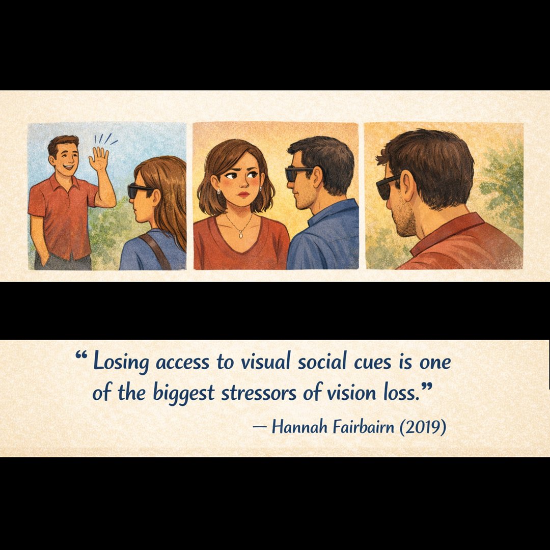 adj2visionloss's tweet photo. Everyday Misreads  

Misunderstandings are exhausting 😮‍💨  
Not noticing a wave 👋 
Missing a facial expression 😐 
Looking away because your eyes aren’t giving you usable information 👀  

To someone else, it can look like disinterest or attitude.  

In When You Can’t Believe Your Eyes: Vision Loss & Personal Recovery, Hannah Fairbairn (2019) explains that losing access to visual social cues is one of the biggest stressors of vision loss. 

Conversations become unpredictable, and people are often judged for things they literally cannot see.  

That’s not a personality flaw 💙 
That’s a communication gap 🤝  

The more we understand this, the easier it becomes to replace awkwardness with clarity and grace ✨  

#BlindnessAwareness #LowVision #DisabilityInclusion #AdjustingToVisionLoss #Atlanta