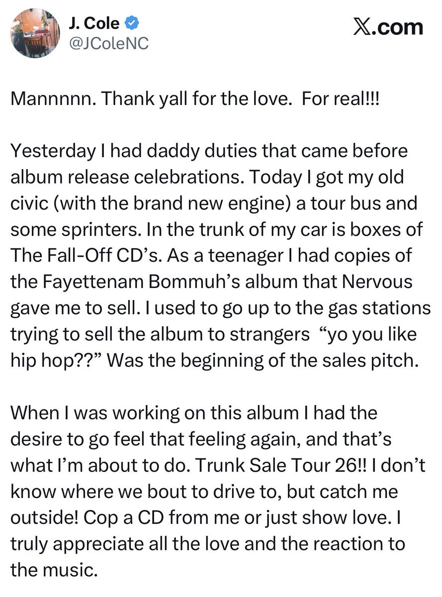 TeamDreamville's tweet image. I love that J. Cole is bringin it back to the basics and selling CDs out the trunk…

A real man of the people 🫡