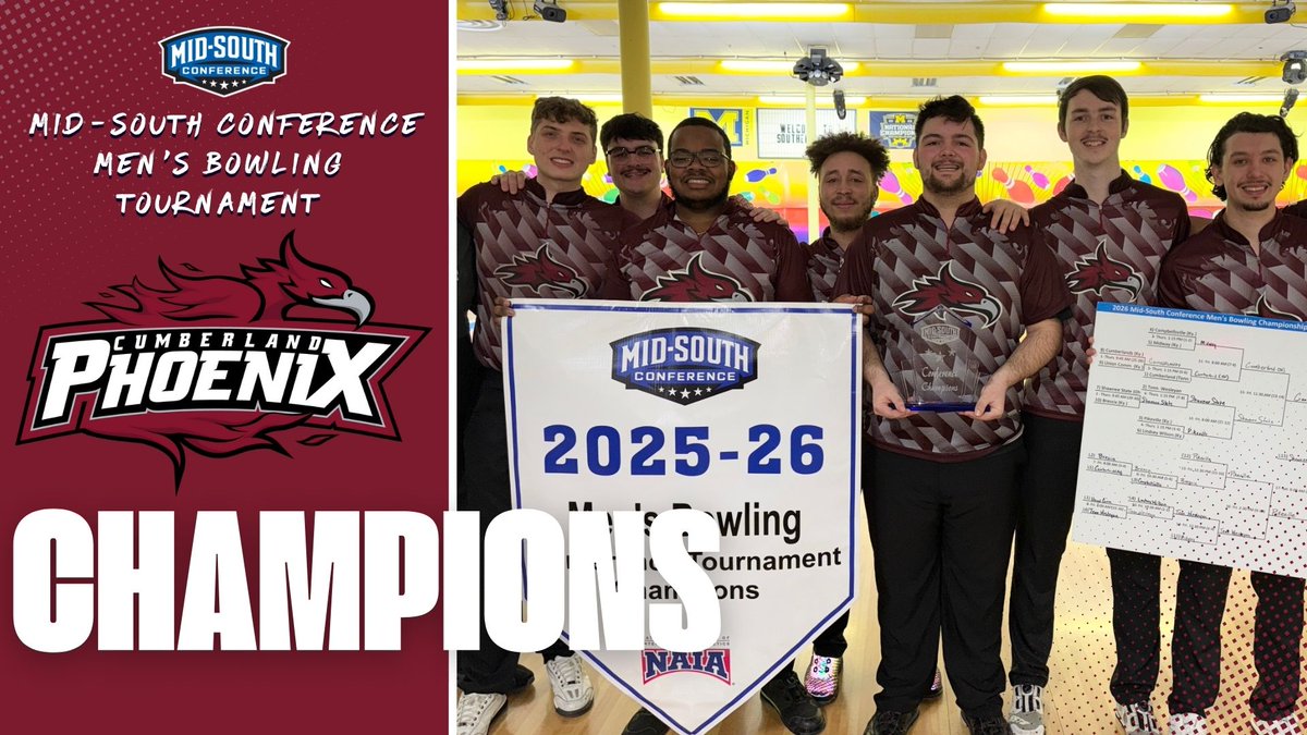 Cumberland Men's Bowling wins MSC Conference Tournament Championship behind dominant Game Seven Performance to Clinch Second Straight NAIA National Championship apperance!

More: tinyurl.com/yjmubzhz

#WeArePhoenix