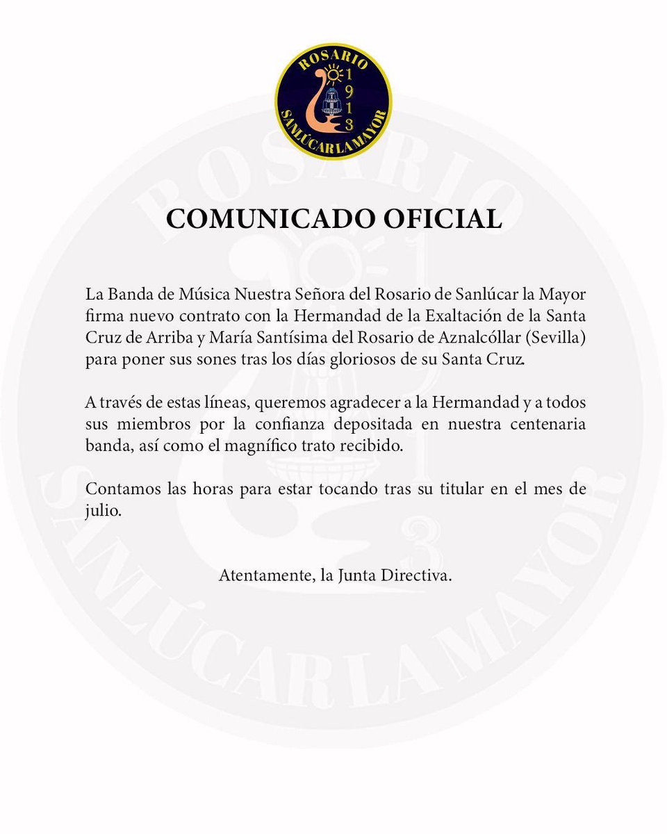 BandadelRosario's tweet photo. 🔷COMUNICADO OFICIAL🔷

Tenemos el placer de anunciar que en el próximo mes de julio estaremos acompañando a la Hermandad de la Exaltación de la Santa Cruz de Arriba y María Santísima del Rosario, por las calles de Aznalcóllar

@LaCruzde_Arriba https://t.co/7PwdQXzpXm