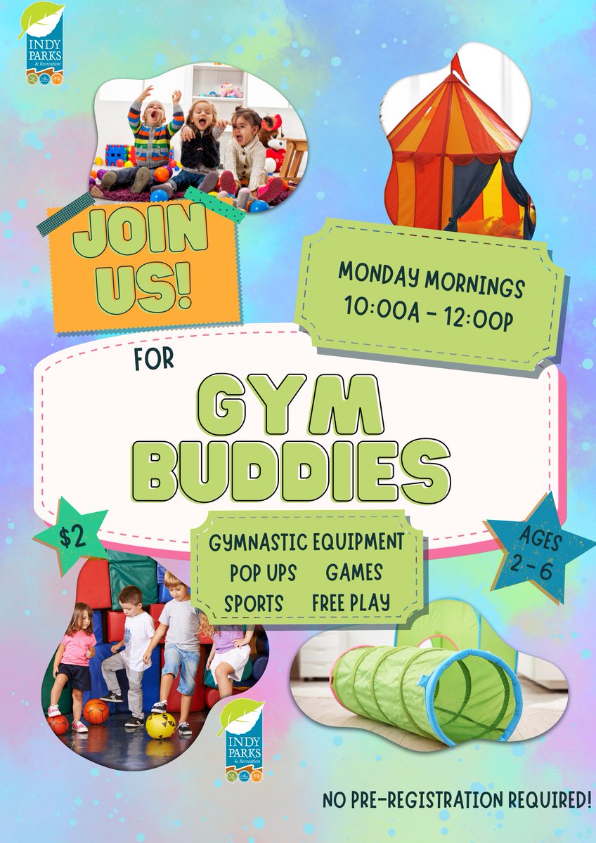 🤸‍♂️ Gym Buddies at Broad Ripple Park
Open gym free play for kids ages 2–6! Equipment, games, tunnels &amp; more—no instruction, just fun.
🗓 Mondays | ⏰ 10AM–12PM
💲 $2 | No registration needed

#GymBuddies #FamilyFun #IndyParks