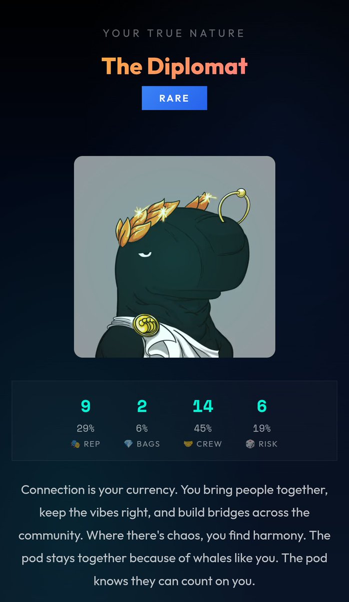 I journeyed Into The Pod and discovered I'm The Diplomat 🐋

RARE whale energy ✨

What whale are you?
whale-gallery.vercel.app/quiz.html

#SSoW #TogetherWeWhale
<a href="/SSofWhales/">Secret Society of Whales 🐋</a>