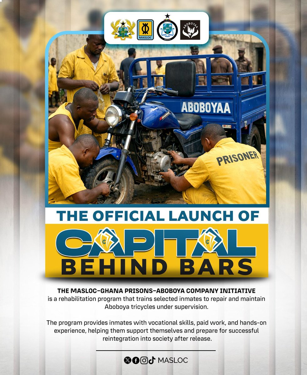 maslocgh's tweet photo. MASLOC, Ghana Prisons &amp; Aboboya  set to Launch “Capital Behind Bars” to Empower Inmates for Economic Reintegration.
A transformative initiative aimed at equipping selected inmates with practical vocational skills while serving their sentences. https://t.co/DRcSP4ffu0