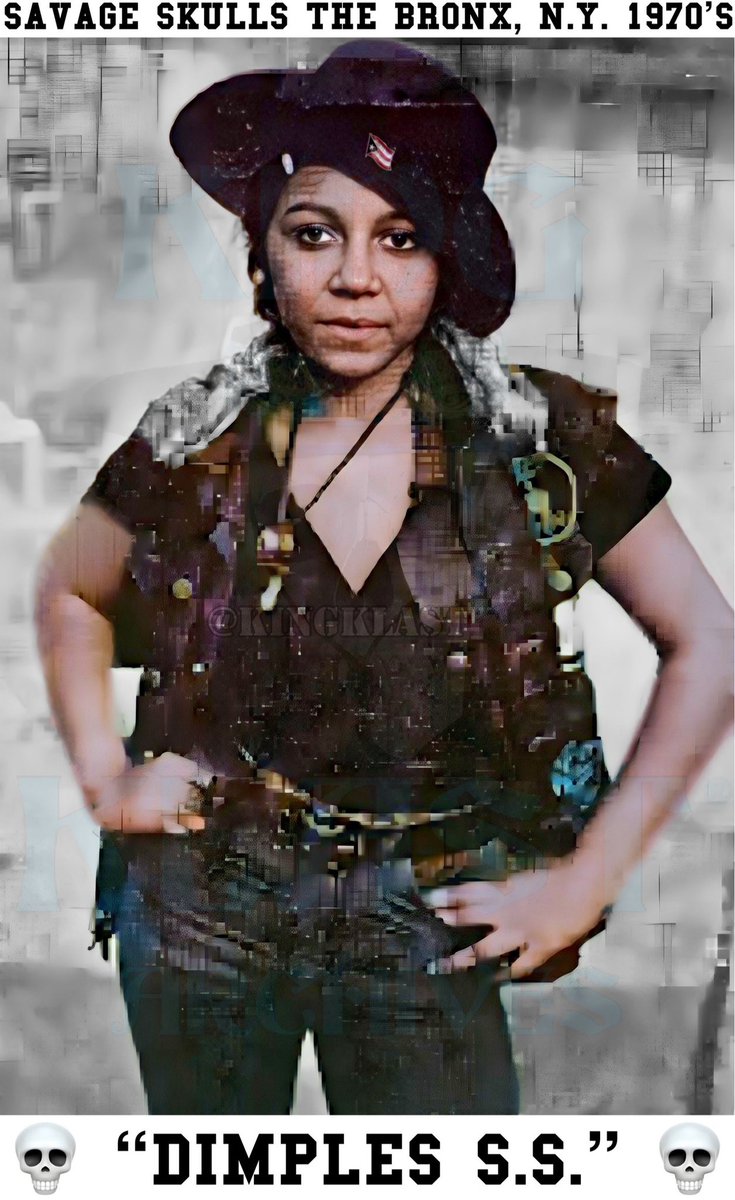 kingklast's tweet photo. 🇵🇷 “Dimples” – A Female Savage Skulls Member | Bronx NYC 1970’s 💀
#SavageSkulls
#Dimples
#WomenInGangs
#FemaleGangMembers
#TheBronx
#BronxNYC
#NYC
#NewYork
#ClassicNYStreetGangs
#NYCStreetHistory
#OutlawStreetCulture
#KingKlast
#KingKlastArchives
#ForgottenHistory https://t.co/zCYBkxBTuK