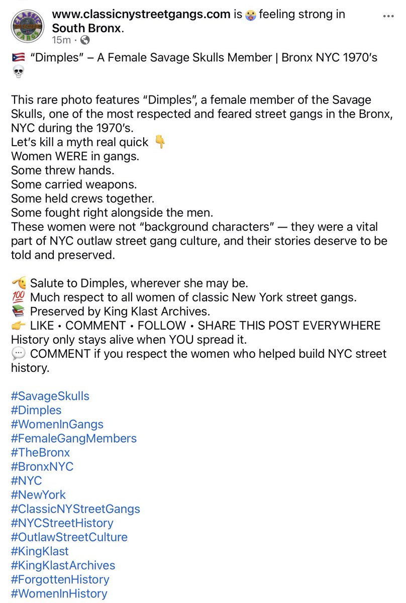 kingklast's tweet photo. 🇵🇷 “Dimples” – A Female Savage Skulls Member | Bronx NYC 1970’s 💀
#SavageSkulls
#Dimples
#WomenInGangs
#FemaleGangMembers
#TheBronx
#BronxNYC
#NYC
#NewYork
#ClassicNYStreetGangs
#NYCStreetHistory
#OutlawStreetCulture
#KingKlast
#KingKlastArchives
#ForgottenHistory https://t.co/zCYBkxBTuK