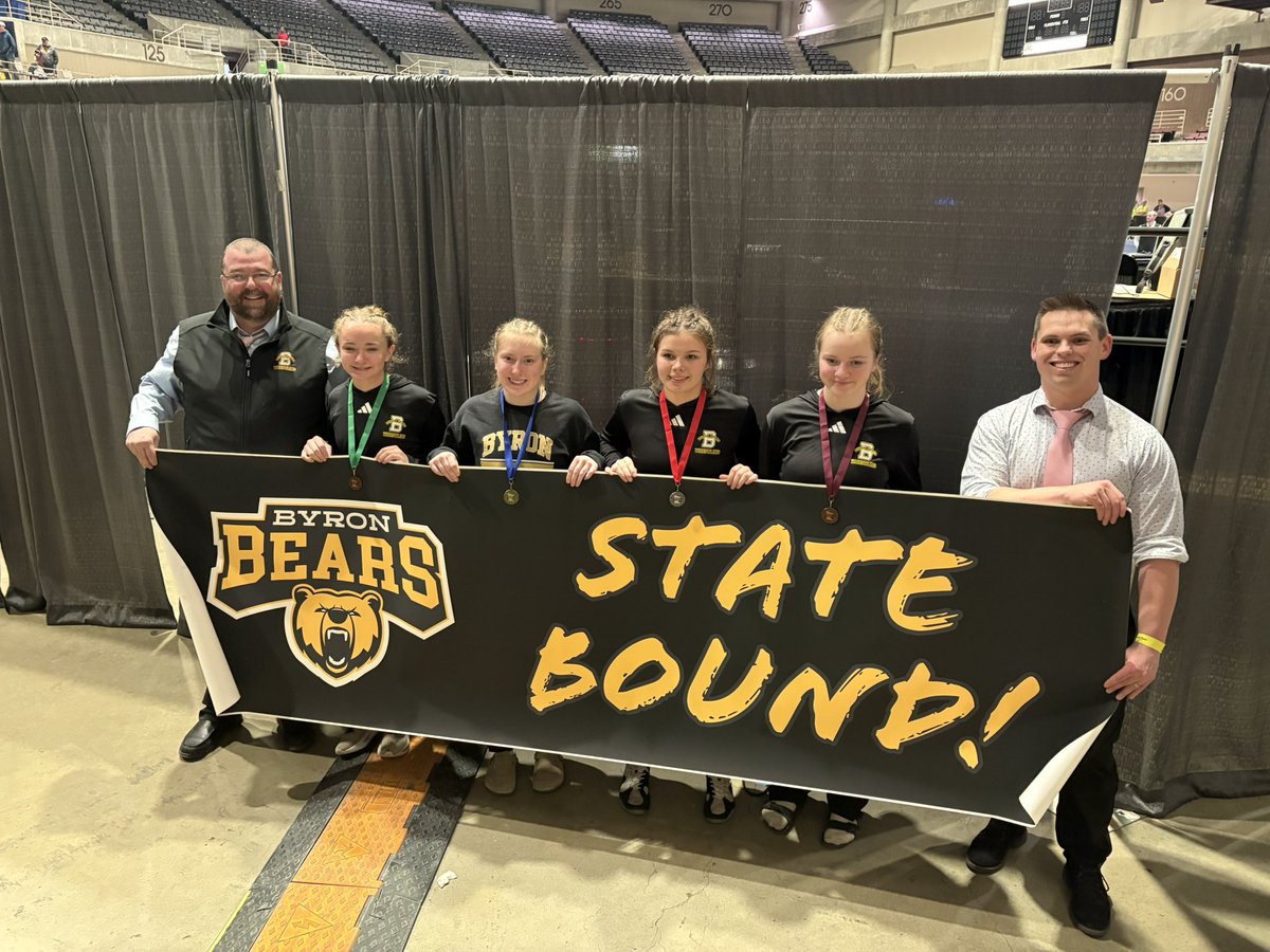 ByronWrestling's tweet photo. 2026 Girls Section Results:
-Annika Hall: 5th Place
-Hattie Mathre: 1st Place
-Brenna Nigon: 6th Place
-Kadie Augenstein: 2nd Place
Congratulations to Hattie and Kadie for advancing to the MSHSL State Wrestling Tournament!
#ByronBears @ByronBears https://t.co/gAkVuC9gpO