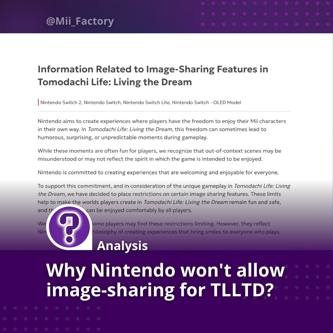 Mii_Factory's tweet image. Our humble interpretation about why Nintendo won't allow sharing images, Mii Characters and other customized items via Internet for #TomodachiLifeLivingTheDream