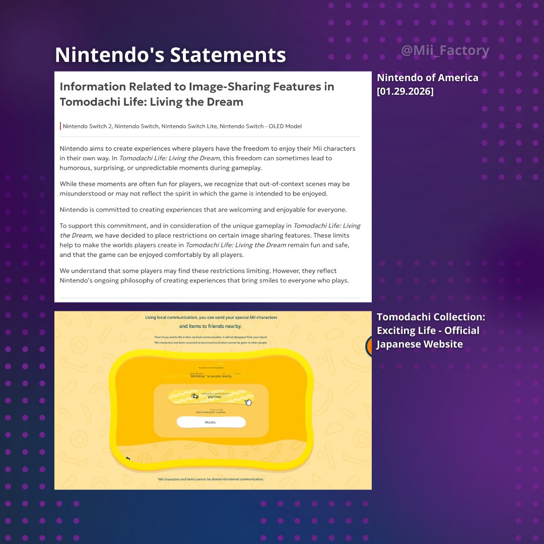 Mii_Factory's tweet image. Our humble interpretation about why Nintendo won't allow sharing images, Mii Characters and other customized items via Internet for #TomodachiLifeLivingTheDream